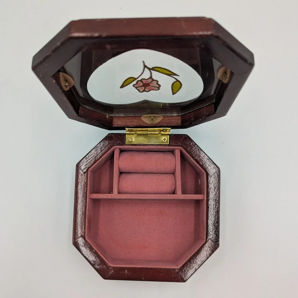 Unbranded Jewelry Box Brown Wood Heart Glass Floral Octagon Trinket Case Small